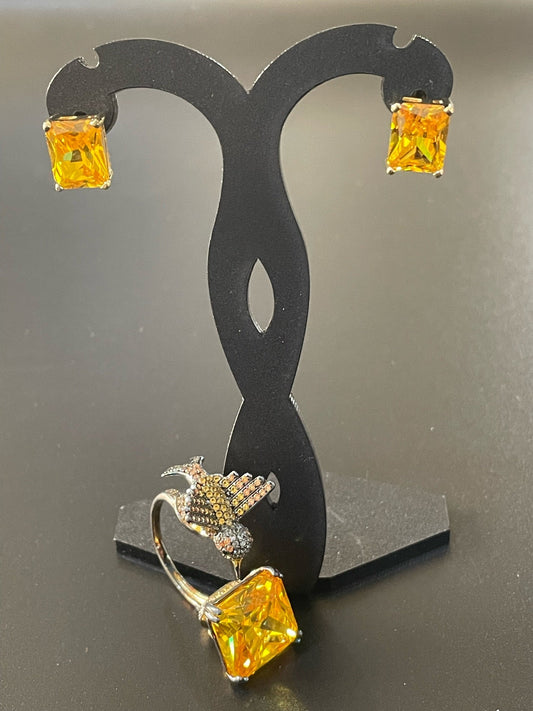 Gold Square Stud Earrings & Ring Set