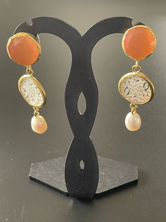 Carved Mother Of Pearl Drop Earrings With Orange Stone
