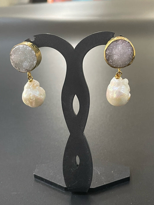 Baroque Pearl Earrings with Druzy Top