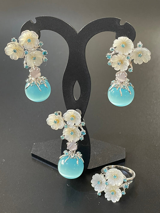 Turquoise Pearl Earrings, Ring & Pendant Set
