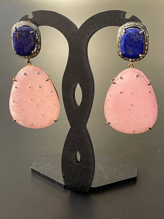 Lapis & Carved Rose Quartz Diamond Earrings
