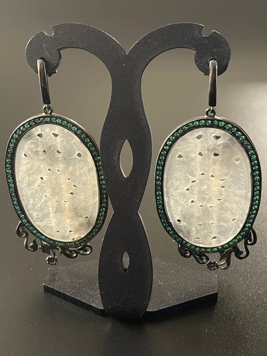 Carved Mother of Pearl Earrings With Green Stones
