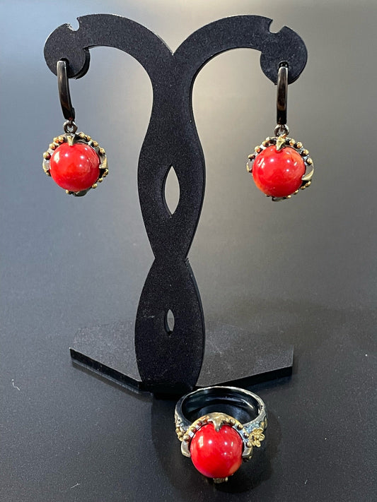 Round Coral Earrings & Ring Set
