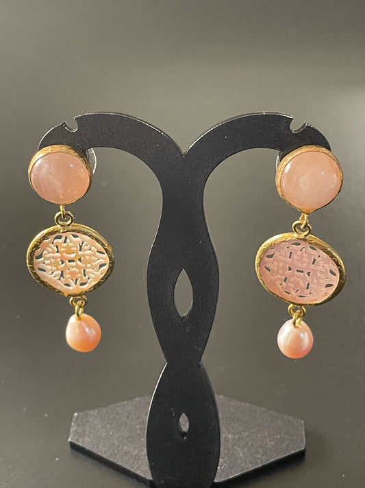 Carved Pink Pearl Earrings