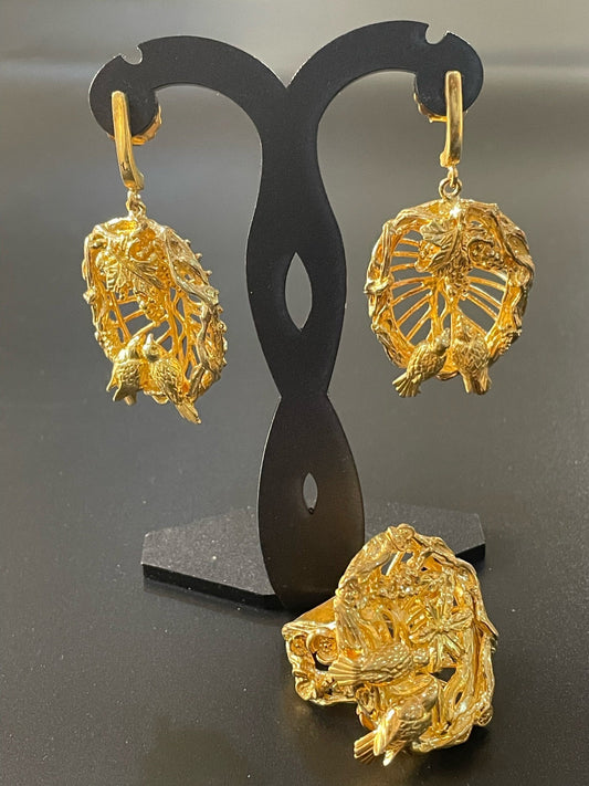 Gold Birds Nest Earrings & Ring Set