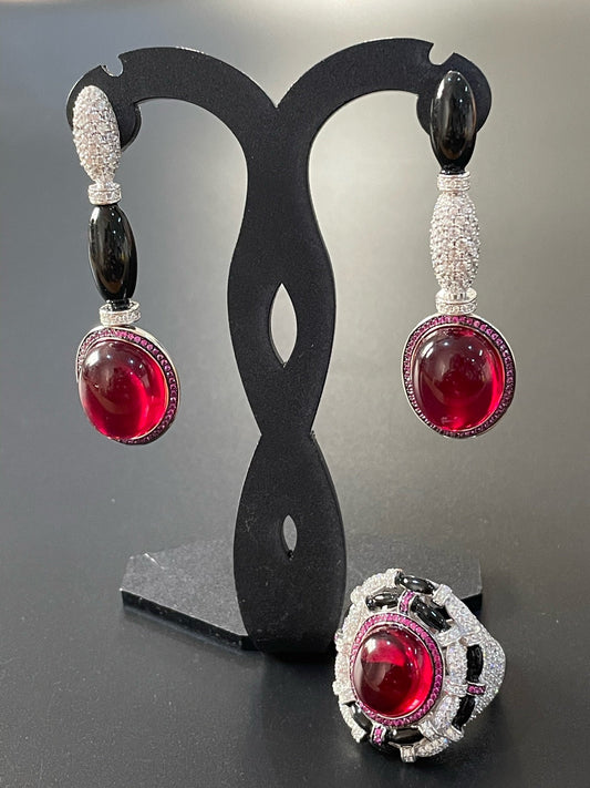 Red, Onyx & White Earrings & Ring Set