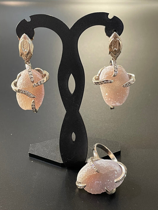 Light Amethyst Druzy Earrings & Ring Set