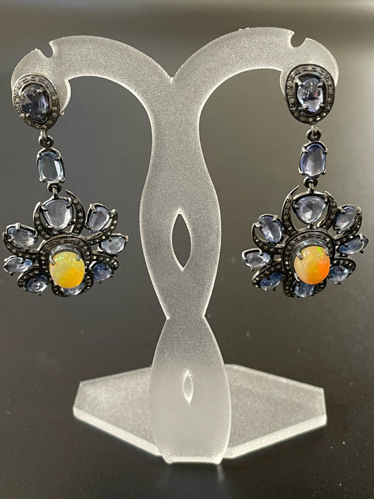 Vintage Blue Sapphire & Opal Diamond Earrings