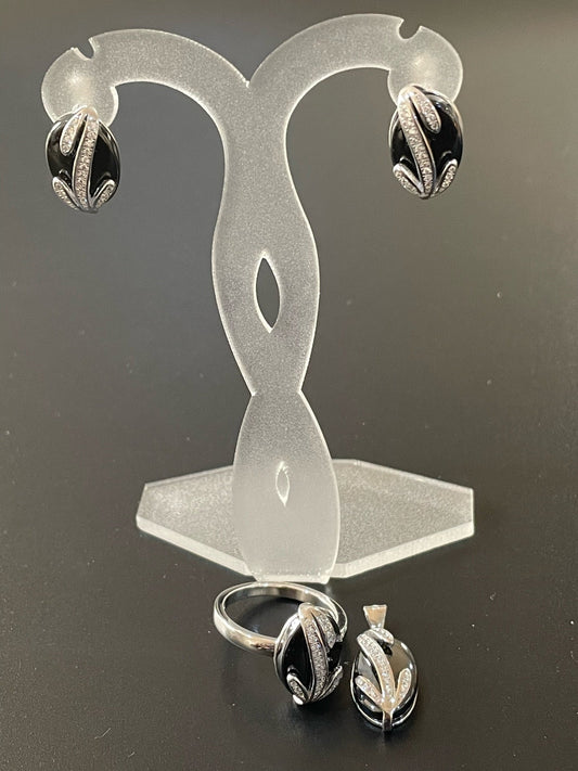 Onyx & Silver Earrings, Ring & Pendant Set