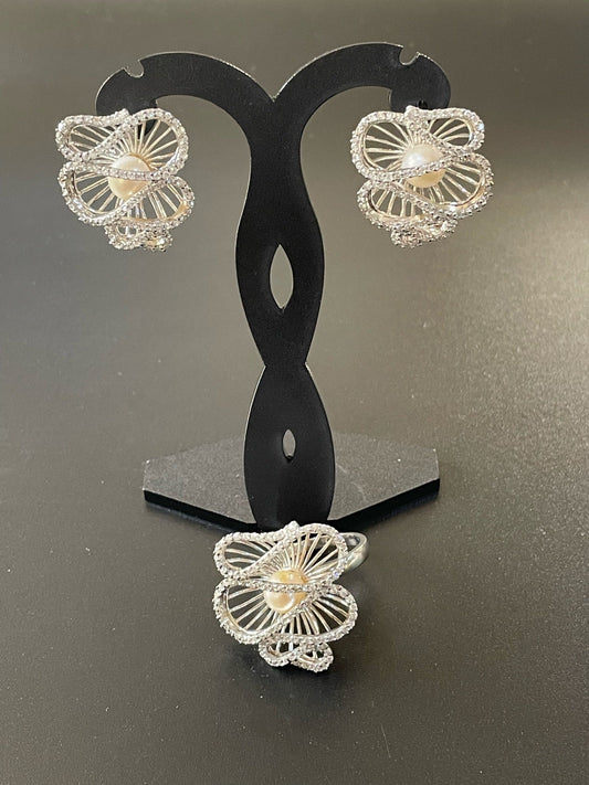 AAA Pearl & Silver Swirl Earrings & Ring Set
