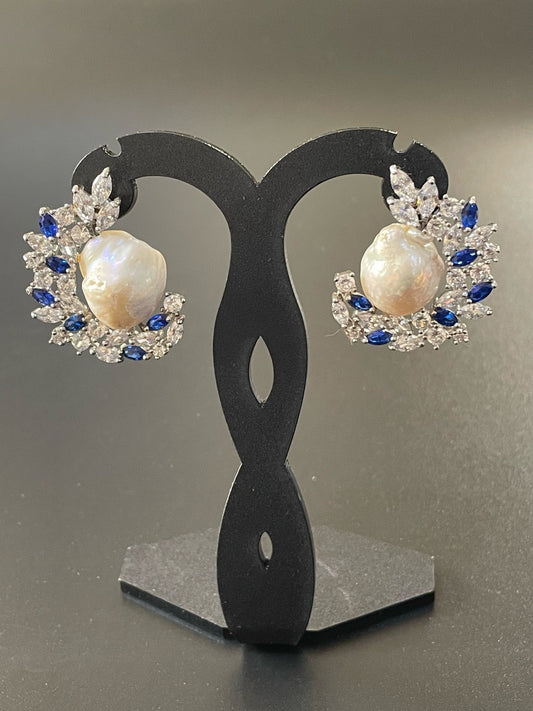 Baroque Pearl Earrings With Blue Zircon