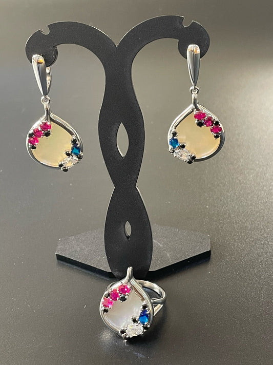 Pink & Blue Accent Pearl Earrings & Ring Set