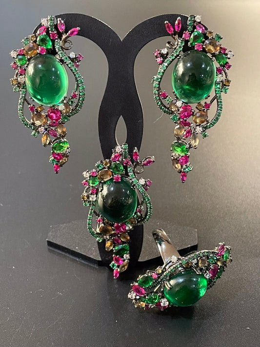 Green Bouquet  Earrings, Ring & Pendant Set
