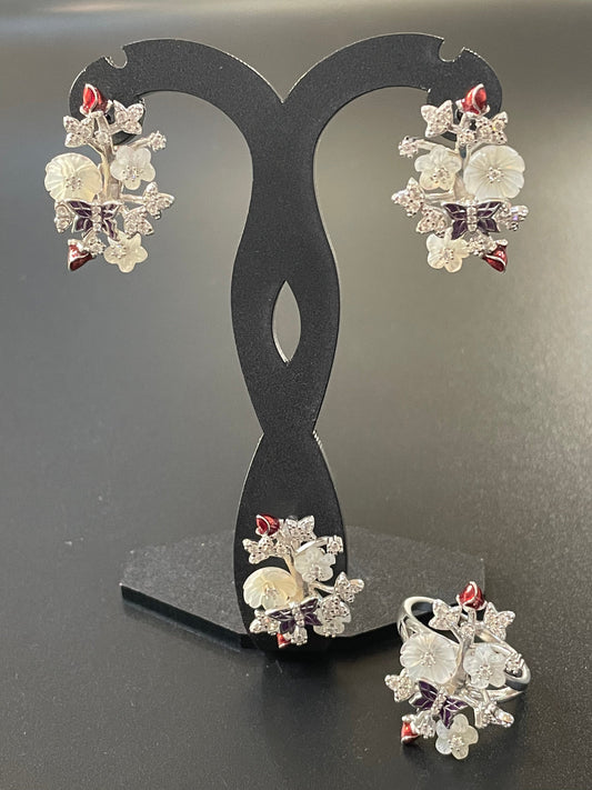 Burgundy & White Mother of Pearl Cluster Earrings, Ring & Pendant Set