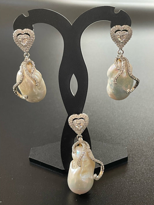 Baroque Pearl Heart Earrings & Pendant Set