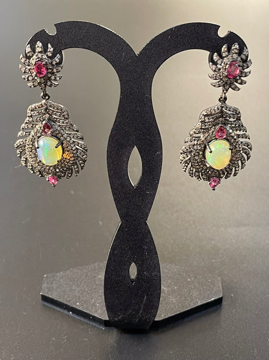 Opal, Pink Sapphire Diamond Earrings