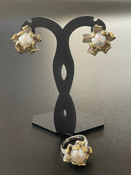 AAA Pearl Flower Earrings & Ring Set