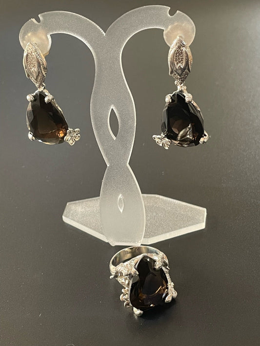Smokey Quartz Earrings & Ring Set