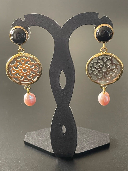 Carved Mother Of Pearl Drop Earrings With Black Stone