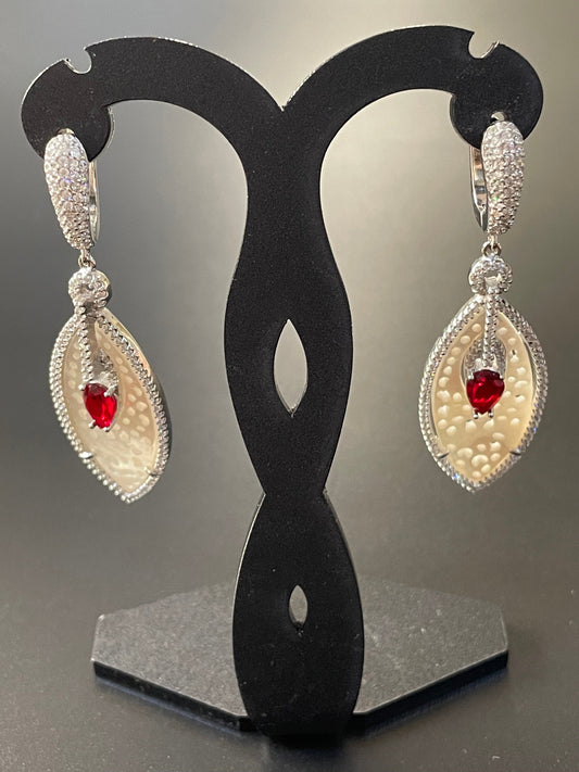 Carved MOP Earrings with Red Stone