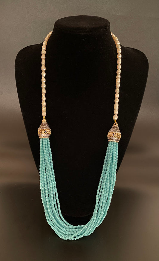 Long Turquoise Blue Crystal & Pearl Necklace