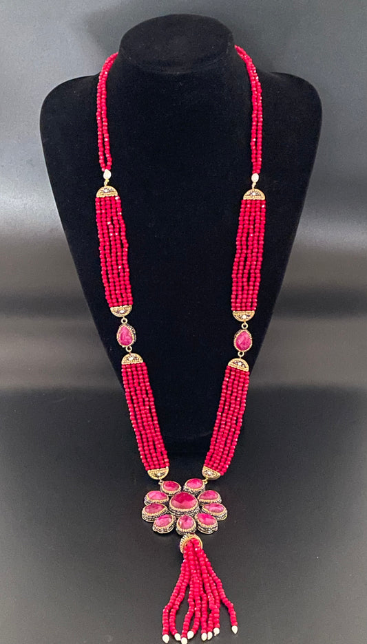 Long Ruby & Crystal Necklace