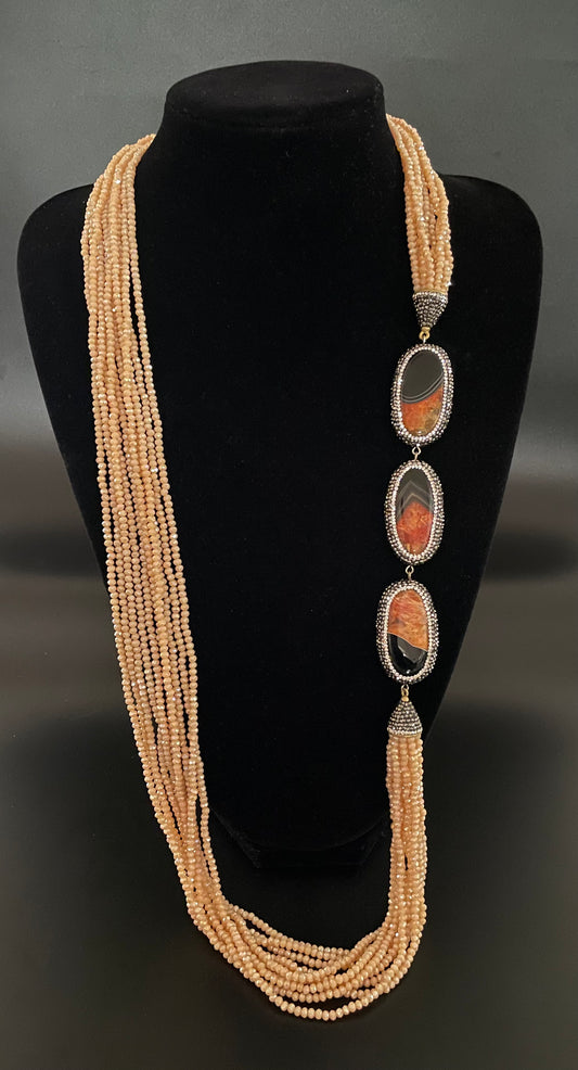 Long Multi-strand Peach Crystal and Gemstone Necklace