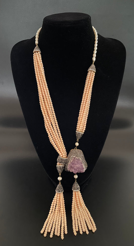 Long Peach Crystal, Pearl & Gemstone Necklace