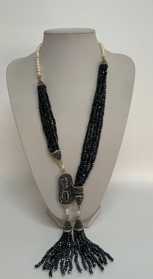 Tasseled Black Crystal & Gemstone Necklace with Pearl Accents