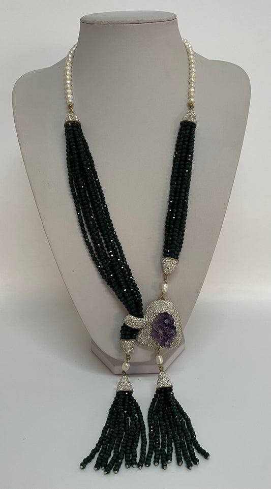 Tasseled Bejeweled Black Crystal, Pearl & Amethyst Druzy Necklace