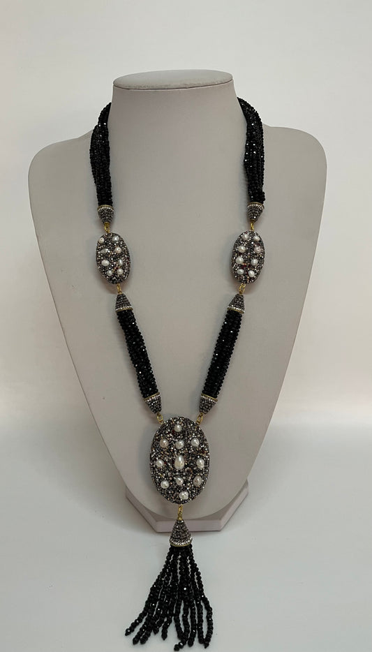 Long Black Crystal & Pearl Accent Necklace