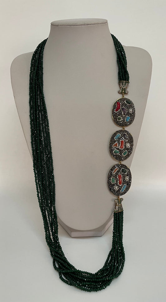 Long Multi-strand Green Crystal and Gemstone Necklace
