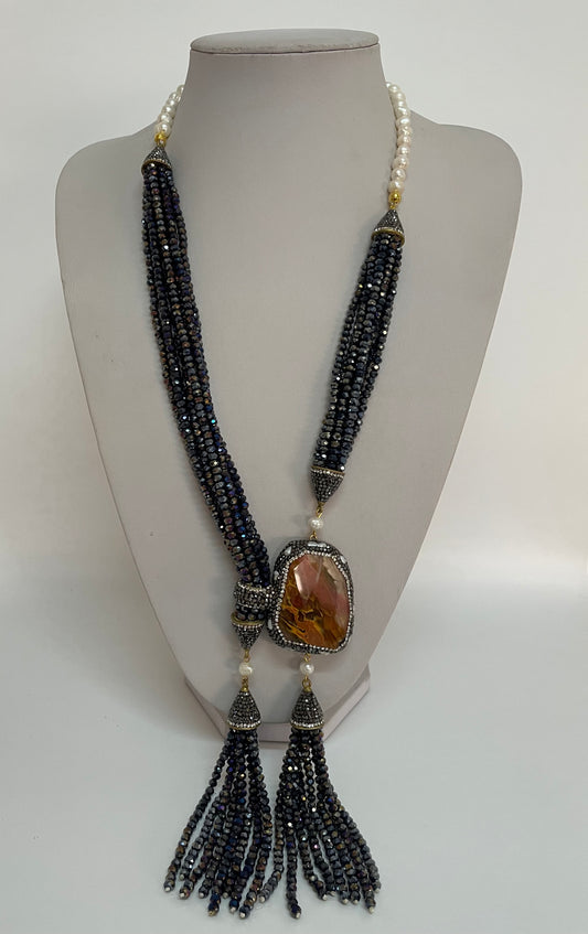 Long Black Crystal, Pearl & Gemstone Necklace