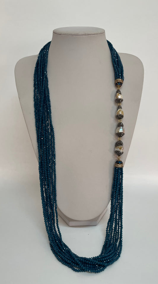 Long Teal Crystal & Pearl Necklace