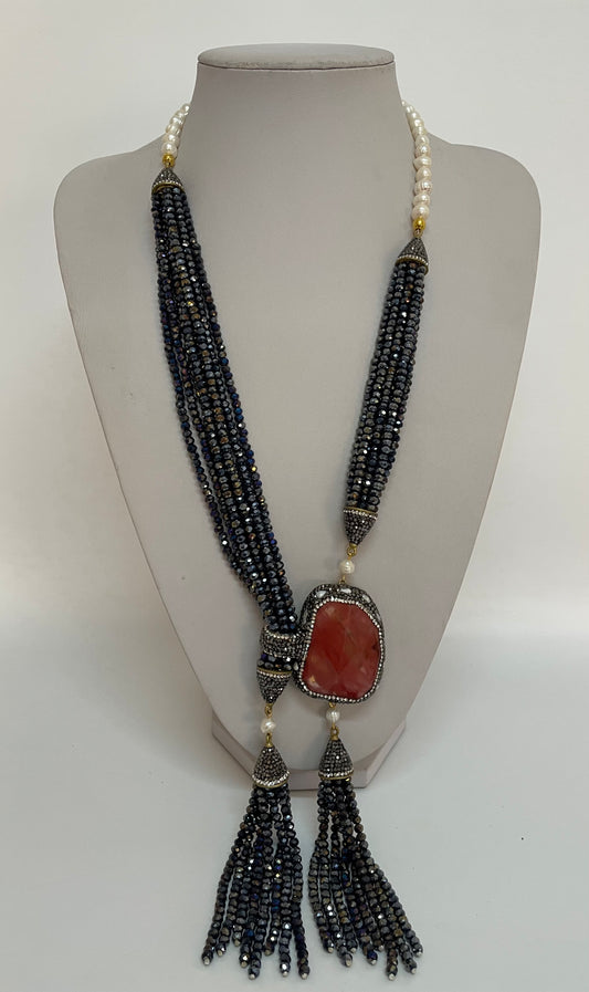 Long Black Crystal, Pearl & Orange Gemstone Necklace