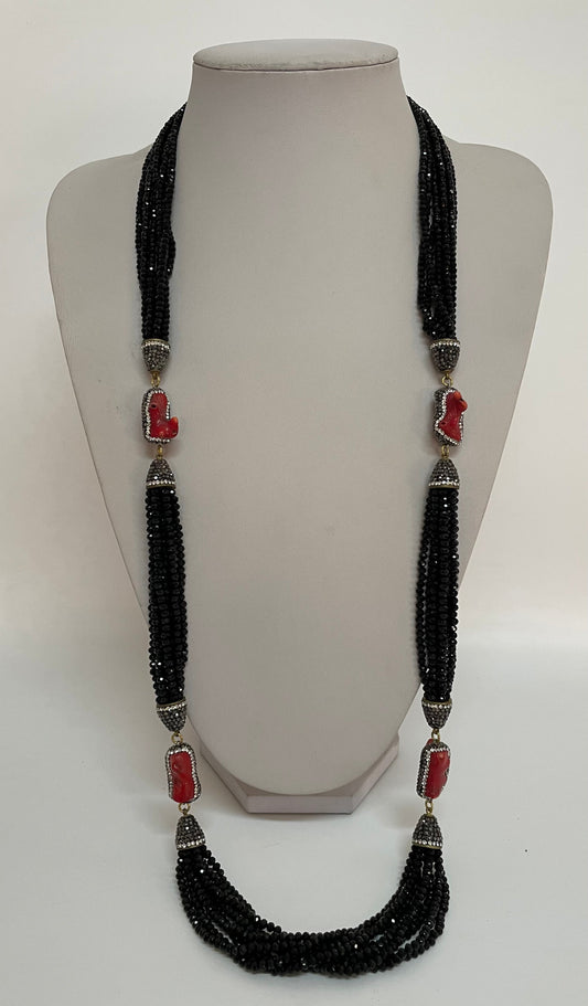 Long Black Crystal & Coral Necklace