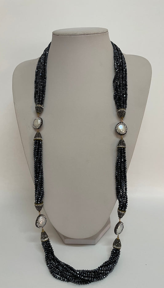 Long Black Crystal & Pearl Necklace
