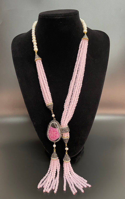 Double Tassel Baby Pink Crystal & Gemstone Necklace