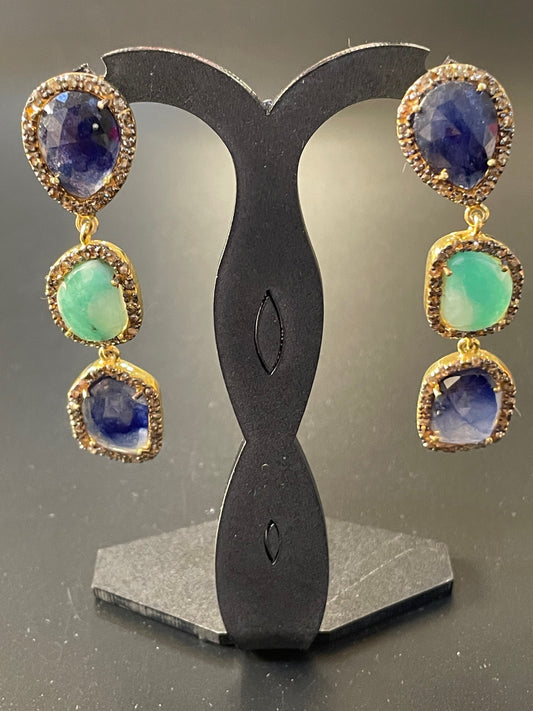 Blue Sapphire and Emerald Diamond Dangling Earrings
