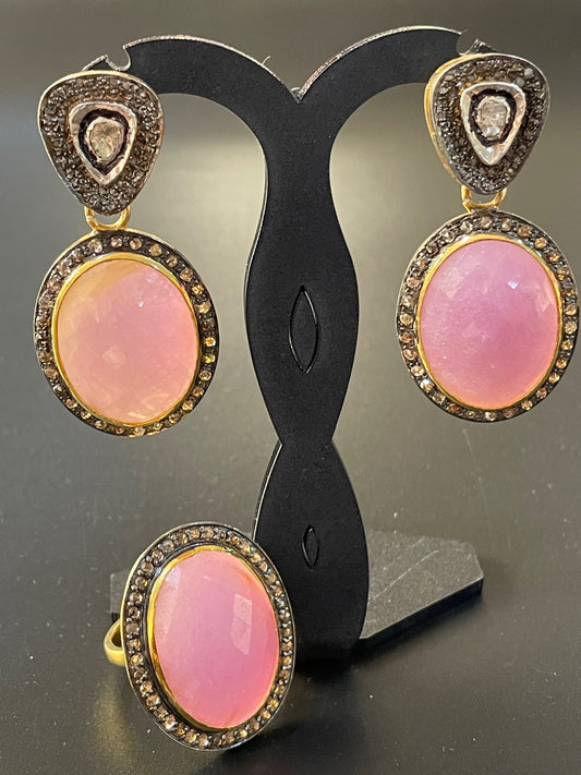 Rose Quartz & Diamond Earrings & Ring Set